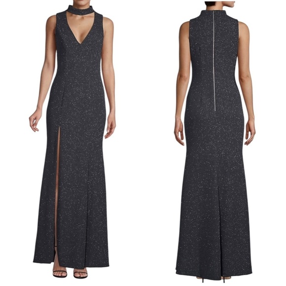 NWT Betsy & Adam V Neck Choker Glitter Long Dress Gown Black Size 12 - Picture 1 of 14